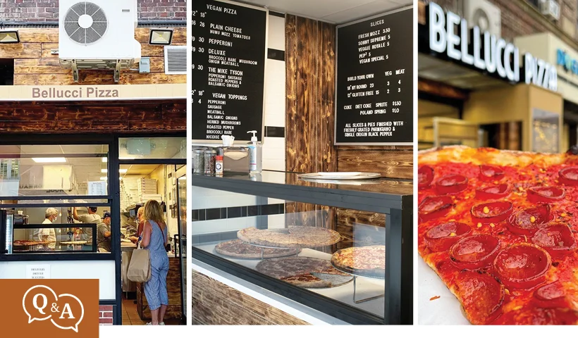 A collage of different types of pizza at bellucci pizza