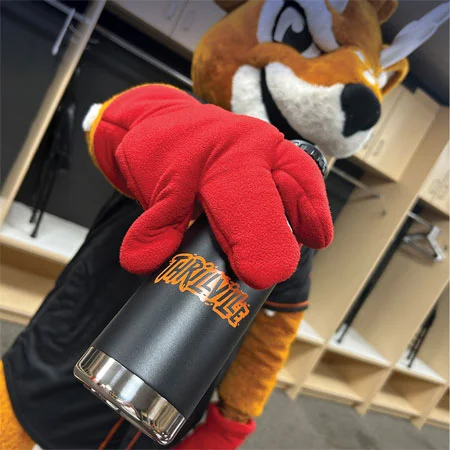 baseball mascot holding up custom logoed water bottle