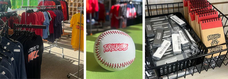 Collage of baseball themed promotional products including a baseball shirts and notepads