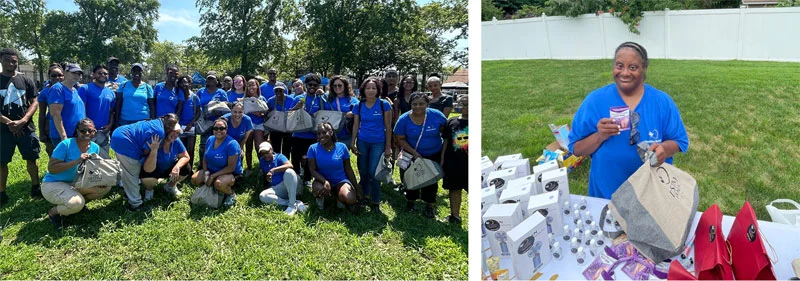 a collage of volunteers with promotional items