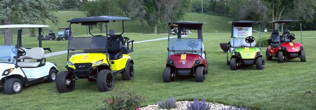 group of golf carts lined up