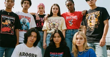group of people wearing graphic t-shirts