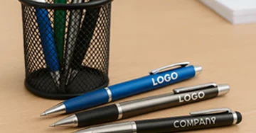 custom logoed pens in a cup