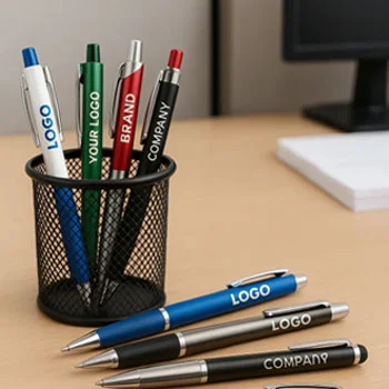 custom logoed pens in a cup