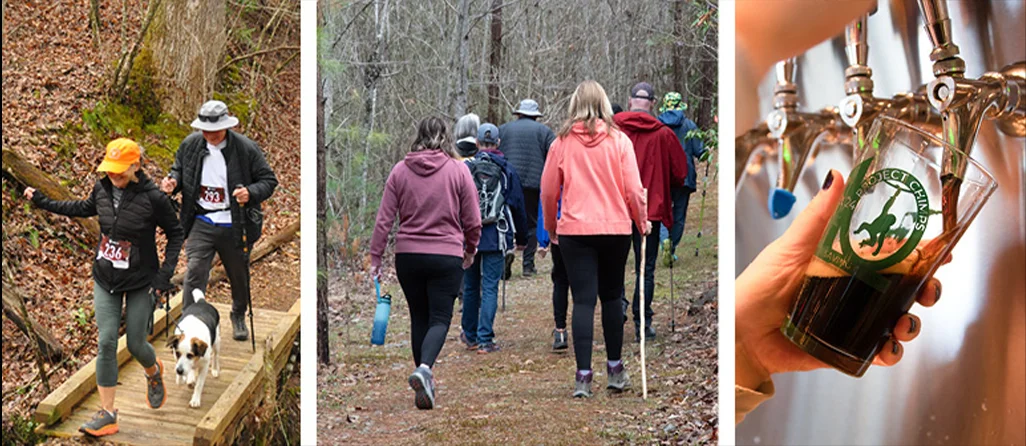 Photo collage of people hiking and a beer being poured.