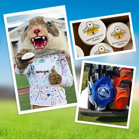 Photo collage of mascot holding foam football and golf bag on back of cart