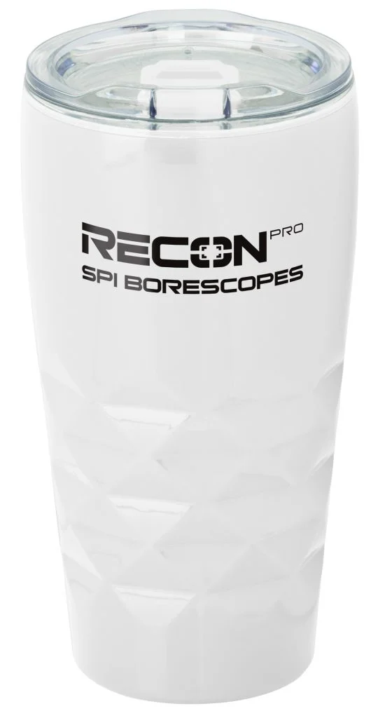 White travel drink tumbler with company name and logo on it.