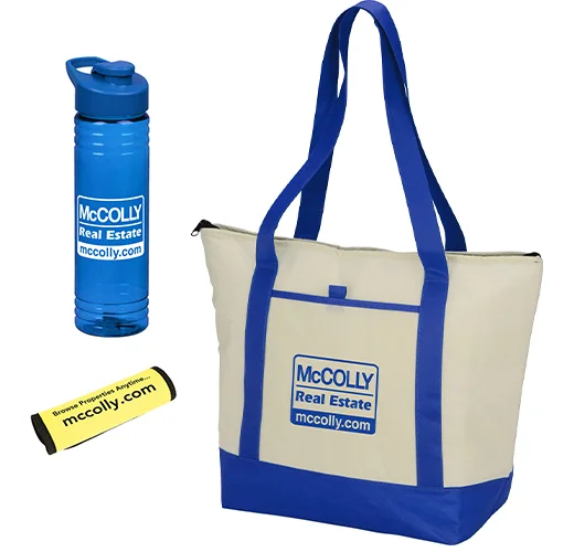 3 promotional products that branded for McColly Real Estate - Tote bag, water bottle, luggage tag