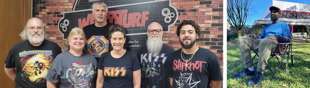 Team in rock 'n' roll t-shirts and employee in rocking chair