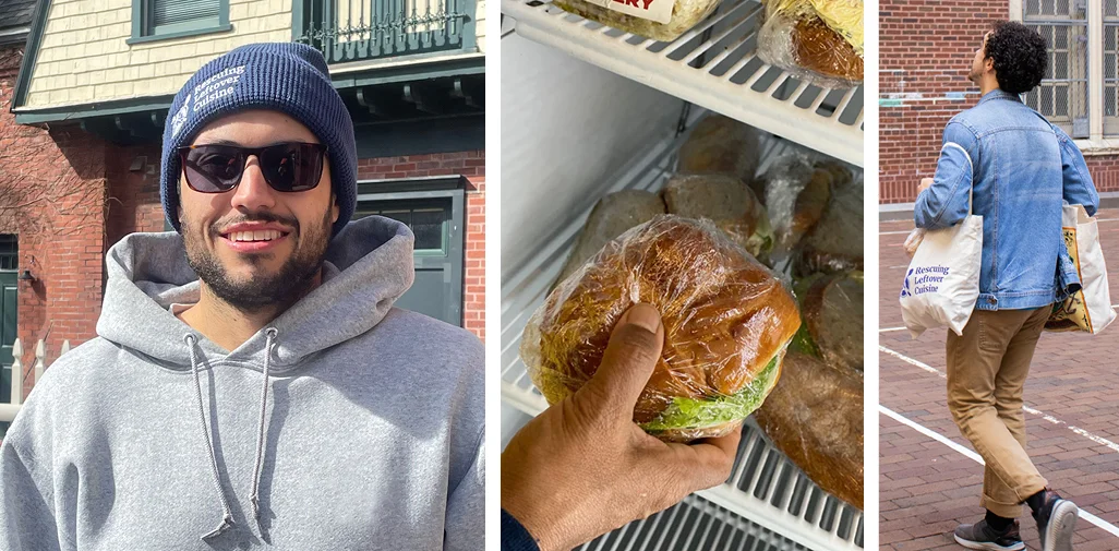 Collage of food in fridge and volunteers using thanks you gifts