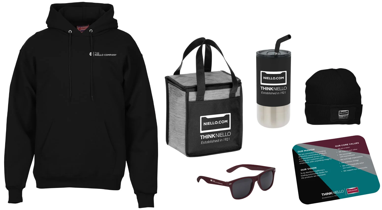 Hanes® Ultimate Cotton Hoodie  //  Portage Lunch Cooler  //  Lagom Tumbler with Stainless Straw  // Cuffed Knit Beanie with Patch  //  Risky Business Sunglasses  //  Mouse Pad with Antimicrobial Additive