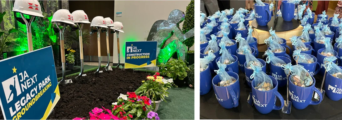 collage of imprinted promotional items including hard hats and mugs