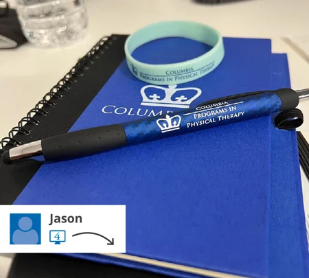 Branded journals, pens and bracelet giveaways used at admission fairs for college.