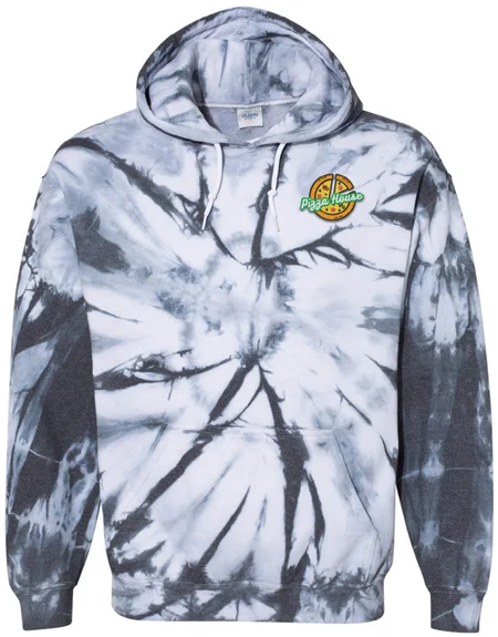 Tie-dyed hooded sweatshirt with company logo on top right chest