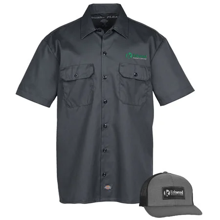 work shirt and trucker hat with company logo