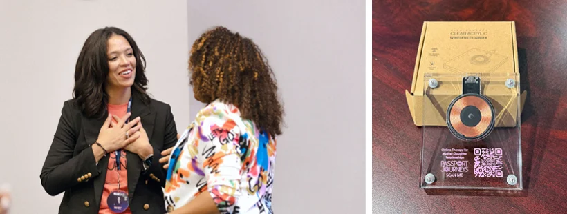 a collage of two people talking and an award