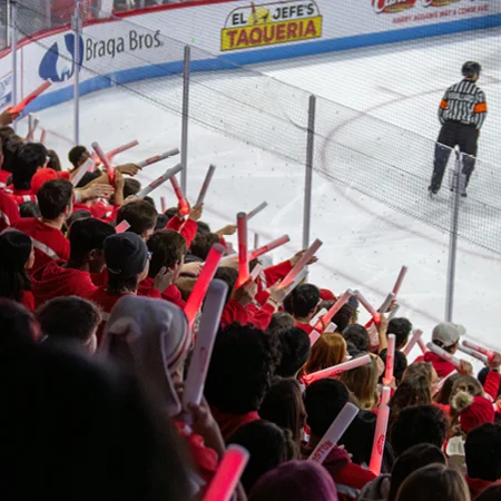 A crowd of people at a hockey game in red shirts holding cheer sticks
