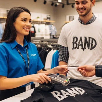 custom printed t-shirts at a checkout location