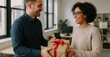 two people exchanging a wrapped gift