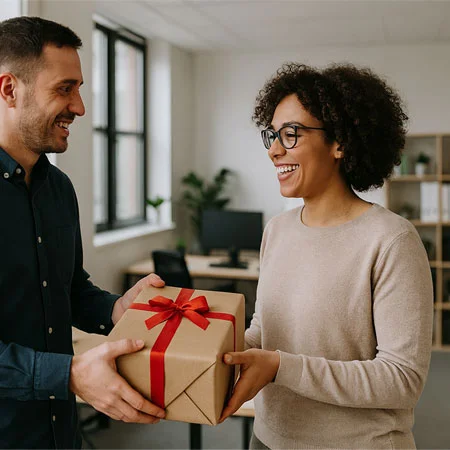 two people exchanging a wrapped gift