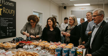 A group of people standing around a table full of food