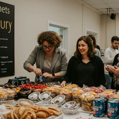 A group of people standing around a table full of food