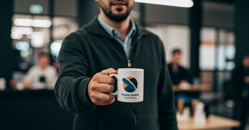 A person holding a white mug