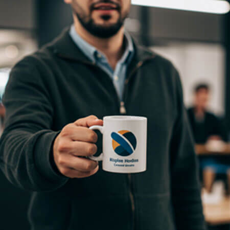 A person holding a white mug