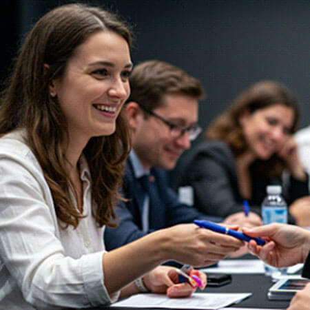 A person handing a pen to a person