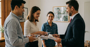 A group of people standing around a table