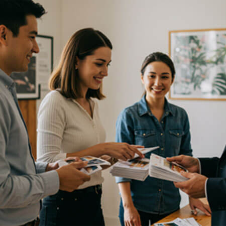 A group of people standing around a table