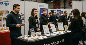 A group of people standing next to a table with signs