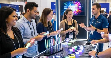 Group of people standing at a trade show booth