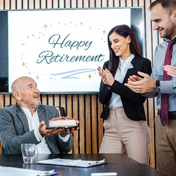group of people celebrating a man's retirement in an office