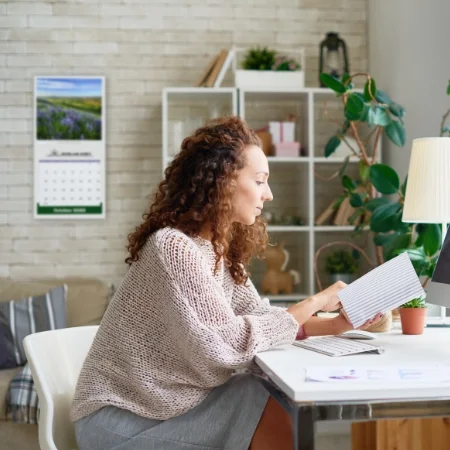 Side view of person sitting at desk in modern apartment with a branded calendar on the wall.