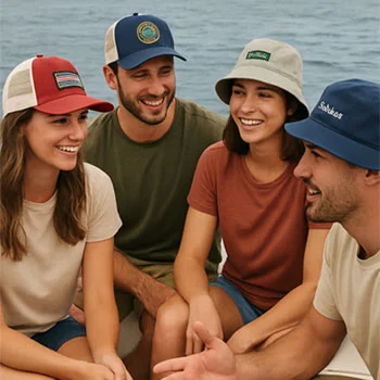 group of people wearing logoed hats