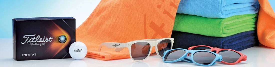 Promotional Outdoor Products that include towels, sunglasses and golf balls