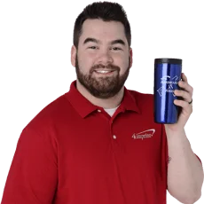4imprint employee Wyatt holding a Custom Accent Stainless Travel Mug