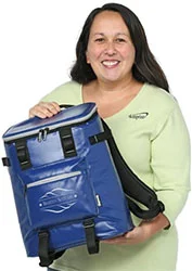 4imprint employee Kameko holding the Koozie Olympus 24 Can Cooler Backpack